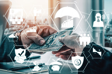 Finance and Money Transaction Technology Concept. Icon Graphic interface showing fintech trade exchange, profit statistics analysis and market analyst service in modern computer application. uds