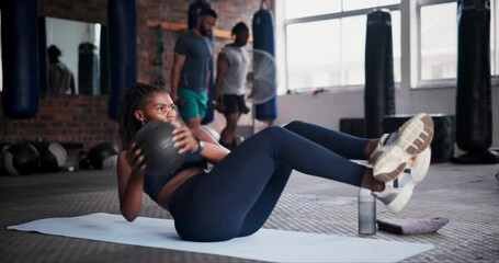 Canvas Print - Black woman, medicine ball and workout on floor for exercise, training or fitness at gym. African female person in crunches for muscle, strength or endurance in practice for stamina at health club