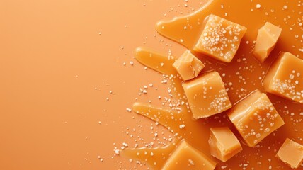 Wall Mural - Flow of salted caramel with cubes on a smooth orange surface