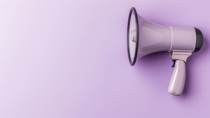 A single white megaphone lying on a plain pastel purple background