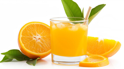 Glass of orange juice with fresh oranges and green leaves on white background