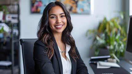 Confident latin businesswoman portrait at her office with copy space