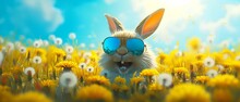 Easter Rabbit With Reflective Sunglasses Super Cute And Funny Laughing Sits In A Yellow Dandelion Field, Easter Background Banner For Marketing, Sales And Social Media Illustration.