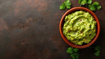 Wall Mural - Traditional homemade guacamole in earthenware bowl on dark surface