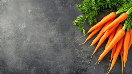 Wall Mural - Organic carrots with tops on a textured dark background