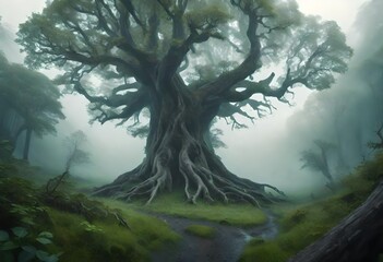 Wall Mural - A mystical valley embraced by mist, where ancient trees reach towards the sky, their branches creating a mesmerizing canopy.