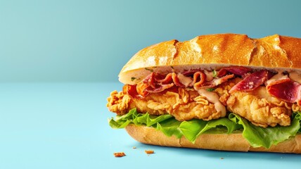 Wall Mural - Delicious crispy chicken sandwich with bacon and sauce on a blue background