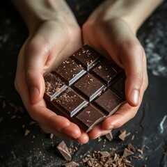 Wall Mural - hands holding a piece of dark chocolate - isolated product closeup