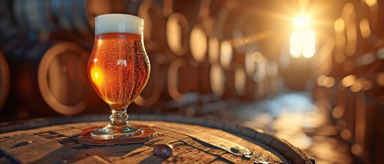 Beer glass resting atop a wooden barrel with wooden barrels in the background of the cellar. Rays of sunlight striking its surface