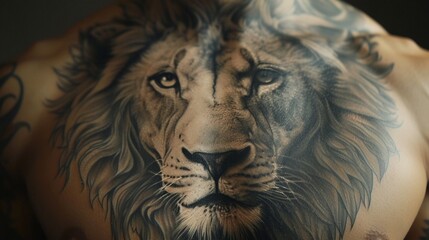 A lifelike lion's head tattoo covering the chest and shoulder, with incredible realism and attention to fur texture and facial features.