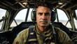 © Maftuh - portrait of a male army pilot in the flight control room of an airplane. Generative AI