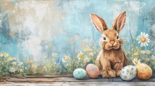 Easter Scene With A Rabbit And Eggs - Watercolor Airbrush Clipart