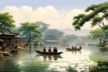 Illustration Of A Chinese Landscape In The Style Of Old Chinese Painting
