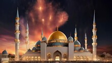 3D Realistic Of A Majestic Mosque With Golden Domes At Night And Colorful Fireworks Exploding. Suitable For Videos Of Eid Al-Fitr, Ramadan, Eid Al-Adha And Other Muslim Commemorative Events