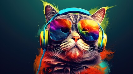  A cool cat in a stylish image, wearing sunglasses, listening to music in wireless headphones on a bright, colorful background.