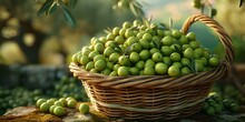 Sun-drenched Olive Harvest Scene With Full Basket Surrounded By Nature. Peaceful, Wholesome Rural Image Ideal For Food Marketing. AI