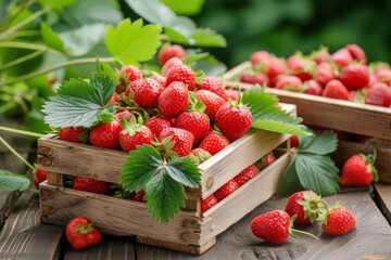 Wall Mural - Juicy fresh strawberries in a wooden box on a wooden background, summer berries.