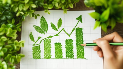 eco-friendly concept with a green leafy bar graph and upward trend line on graph paper, symbolizing sustainable growth, with a hand drawing