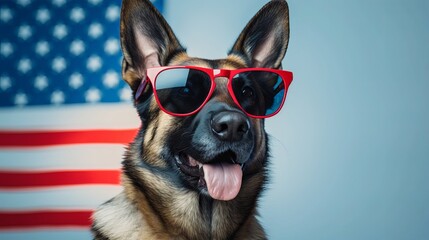 German Shepherd dog wearing sunglasses fashion portrait on flag american background. 4th of July USA Independence Day. presentation. advertisement. invite invitation. copy text space.