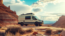 An Off-road Campervan Traveling In Nature On A Canyon Path For A Road Trip To Adventure And Freedom