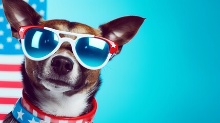 Dog wearing sunglasses fashion portrait on flag american background. 4th of July USA Independence Day. presentation. advertisement. invite invitation. copy text space.