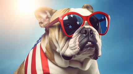 Bulldog wearing american sunglasses fashion portrait on solid pastel background. 4th of July USA Independence Day. presentation. advertisement. invite invitation. copy text space.