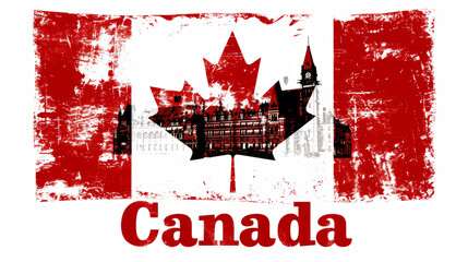 Wall Mural - Travel to Canada country illustration background with a mix of Canadian flag colors and architecture of Canada isolated on white backdrop