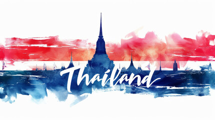 Wall Mural - Travel to Thailand country illustration background with a mix of Thai flag colors and architecture of Thailand isolated on white backdrop