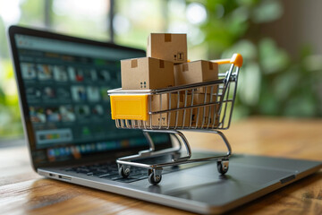 online shopping concept with miniature shopping cart standing in front of laptop