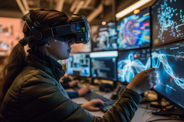 person engaged in data analysis using a virtual reality headset, interacting with complex graphs and