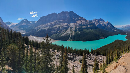 Melting snow from glacier feeding Blue water in Peyto lake with mountains in the background in Jasper, Alberta, Canada, with blue sky, white clouds and melting glaciers stream..