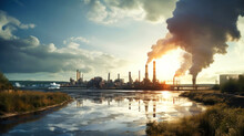 A Large Factory Or Power Plant With Large Chimneys That Produce Large Amounts Of Gases And Smoke. The Topic Of Air Pollution