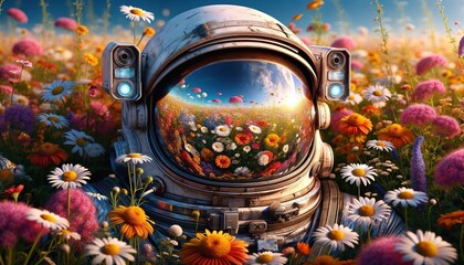 Astronaut among the flower fields