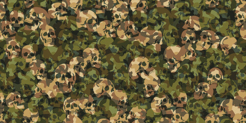 Military camo abstract seamless pattern with skulls. Camouflage in green colors. Stock vector background for your design.