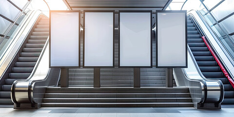 Wall Mural - a group of four blank escalators outside in a shopping center,Empty billboards on a city street,Mock up Poster media template Ads Media display in Subway station