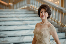 A 50-year-old Korean Woman, A Fashionable Middle-aged Woman Wearing An Elegant Evening Dress, Stood On The Marble Stairs Of The Dinner Venue