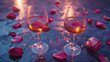 Rose petals lie near a glass of wine.