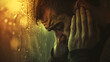 sad man crying while covering his ears with his hands beside the window in the rain, portrait of  man in sad mood