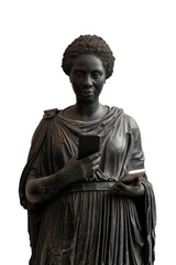 Wall Mural - An ancient Greek statue black woman holding phone,Carved from black obsidian. isolated on white background 