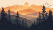 Illustration of an artistic sunset view over forested mountains, modern monochrome style