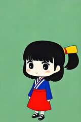 Wall Mural - cute cartoon comic anime illustration of a pouting little Asian girl wearing a traditional blue, red, and white clothes with yellow ribbon, smiling with blushing cheeks