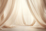 Fototapeta  - Beige Draped Curtains Celestial Backdrop with Ethereal Light and Romantic Soft Focus