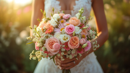 Wall Mural - Bride with a bouquet of light rose and white color flowers