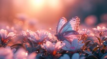 A Butterfly Garden At Sunrise With Dew On Leaves, Background Templates For Designer
