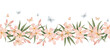 Oleander flowers with flying peach pink and pastel blue butterflies watercolor seamless border isolated on white background. Floral horizontal banner for wedding designs and baby girl room decor