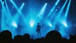 © Ellionn - Fun music concert. Popular band star sing song. Happy fans people enjoy rock festival. Night club rave life. Disco show. Beautiful neon light. Musician man live perform. Singer play guitar silhouette.