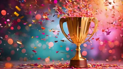 golden trophy cup and colorful confetti falling, first place trophy award cup, success win
