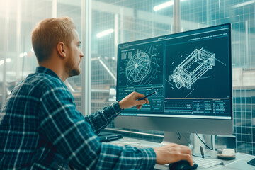 A focused engineer reviews complex mechanical design schematics on a large computer screen in a modern office.