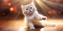 Adorable Fluffy White Kitten Playing In Warm Sunlight With Bokeh Background - High-Resolution Pet Photography