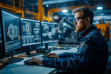 a mechanical engineer in a blue work shirt is focused on designing parts using 3d modeling software 
